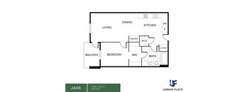A floor plan of an apartment with a living room, dining room, kitchen, pantry, bedroom, bathroom, and balcony.