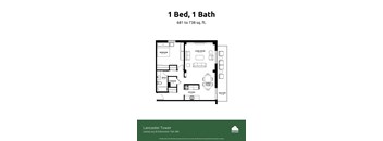 A floor plan for a 1 Bed, 1 Bath apartment at the Lancaster Tower.