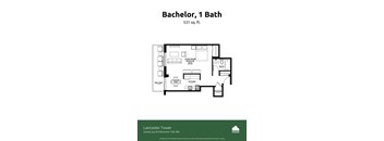 A floor plan for a 531 sq ft apartment at the Lancaster Tower.