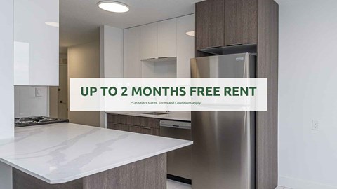 A modern kitchen with a free rent offer.