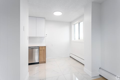 A white kitchen with a dishwasher and a window.