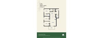 A floor plan for a property named Lily with 3 beds and 2 baths, sized at 1136 sq.ft.