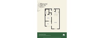 A floor plan for a 1 Bed, 1 Bath apartment at Rosenthal Flats.