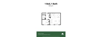 A floor plan for a 1 Bed, 1 Bath apartment at Oliver Tower.