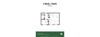 A floor plan for a 2 bedroom, 1 bathroom apartment at Oliver Tower.