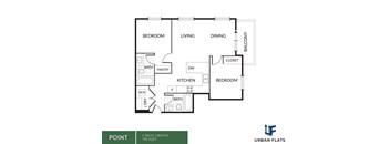 A floor plan of a two bedroom, two bathroom apartment.