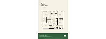 A floor plan for a property called Rose with 3 beds and 2 baths.