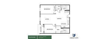 A floor plan of a 846 square foot apartment with two bedrooms and two baths.