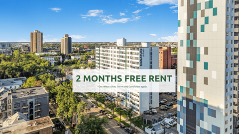 A cityscape with a building offering 2 months free rent.