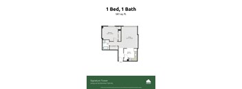 A floor plan for a 1 Bed, 1 Bath apartment at Signature Tower.
