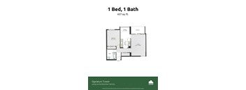 A floor plan for a 1 Bed, 1 Bath apartment at Signature Tower.
