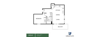 A floor plan for a one bedroom apartment at Urban Flats.