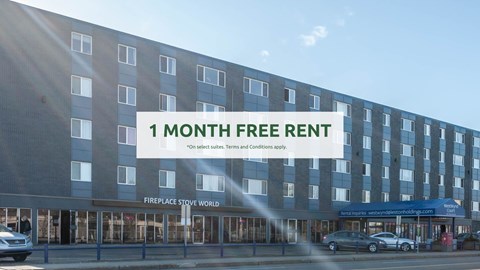 A modern building offers a 1 month free rent deal.