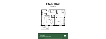 A floor plan for a 2 bedroom, 1 bathroom apartment at York Tower.