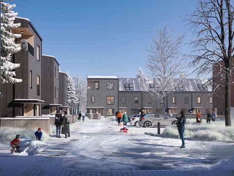 A group of people are walking in the snow near a building. at The Grindstone Apartments, Waterdown, L0R 2H0