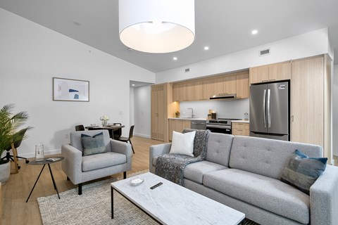 A modern living room with a grey couch and a coffee table.