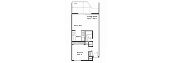 A floor plan of a small apartment with a living room, dining area, kitchen, bathroom, and bedroom.