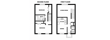 A floor plan of a two-story home with two bedrooms and two bathrooms.