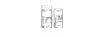 A floor plan of a small apartment with a living room, dining area, kitchen, and two bedrooms.