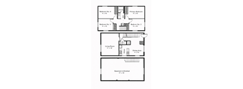 A floor plan of a house with a living room, dining area, kitchen, and four bedrooms.