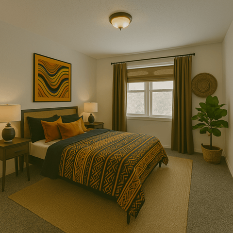 A bedroom with a large bed and a painting on the wall.