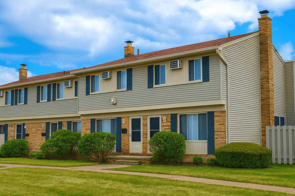 A row of houses with blue shutters on the windows.