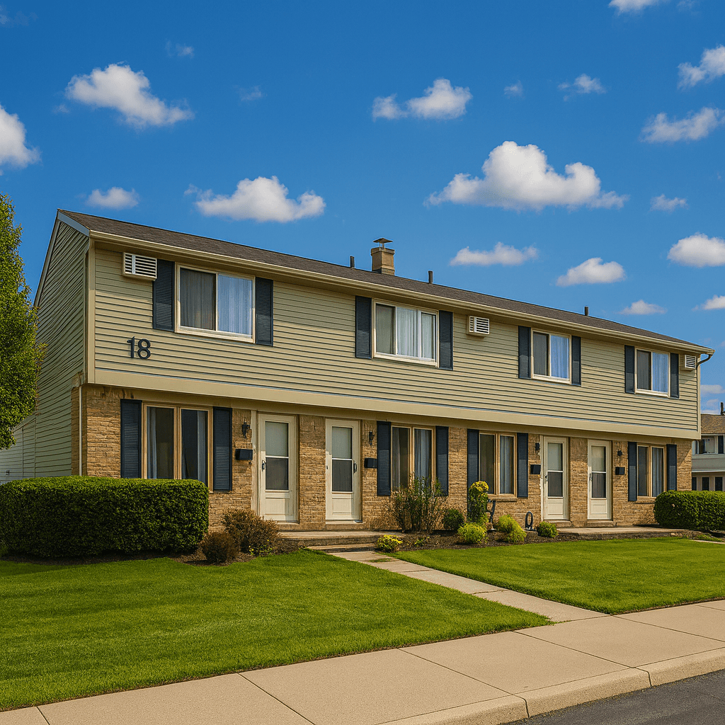 A house numbered 18 with a green lawn in front.
