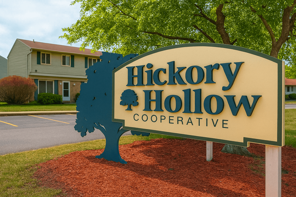 A sign for Hickory Hollow Cooperative is shown in front of a tree and a house.