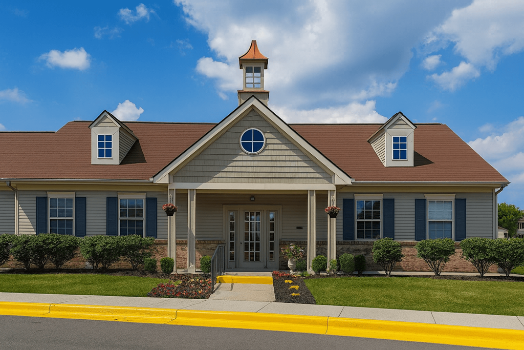 A church with a steeple and a cross on the front.