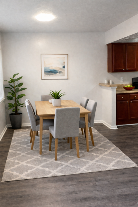 A dining room with a table set for four.