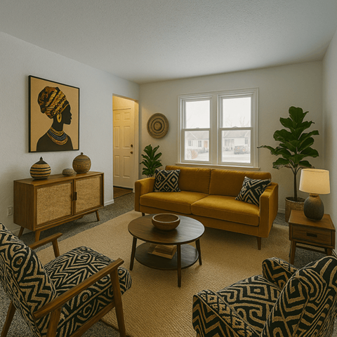 A living room with a yellow couch, a wooden cabinet, a coffee table, and a painting on the wall.