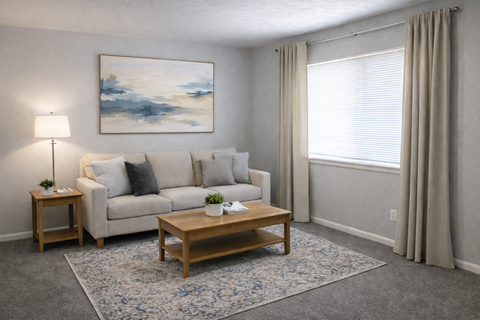 A living room with a white sofa, a wooden coffee table, and a painting on the wall.