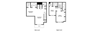 A floor plan of a two level home with a dining room, living room, kitchen, and two bedrooms.
