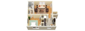 A top down view of a living room, kitchen and dining room.