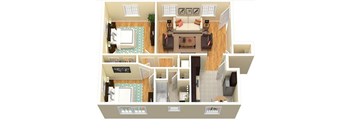 A cutaway view of a small apartment with a living room, kitchen, and bathroom.