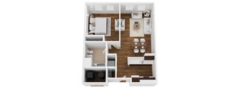 A top down view of a white and wood apartment.