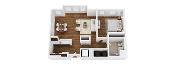 A top-down view of a house interior with a kitchen, living room, and bedrooms.