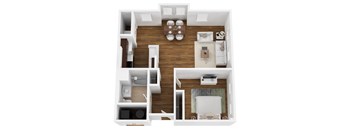 A top down view of a small apartment with a kitchen, living room, and two bedrooms.