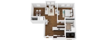 A top down view of a small apartment with a kitchen, living room, and bathroom.