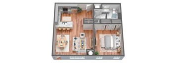 A top-down view of a small apartment with a living room, kitchen, and bedroom.