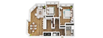 A top-down view of a modern apartment layout with a central living area, kitchen, and bedrooms.