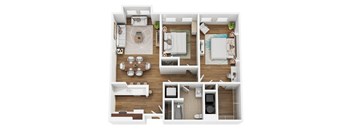 A top-down view of a modern apartment layout with a kitchen, living room, dining area, and bedrooms.