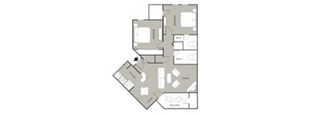 A floor plan of a house with a living room, dining room, kitchen, and two bathrooms.