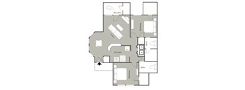 A floor plan of an apartment with a kitchen, living room, and bathroom.