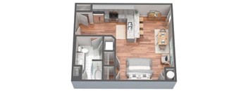 A top-down view of a living room, kitchen, and bedroom in a house.