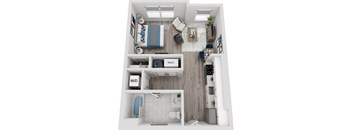 A top-down view of a small apartment with a bed, a couch, a kitchen, and a bathroom.