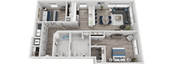 A top-down view of a modern apartment layout with a kitchen, living room, and bathroom.