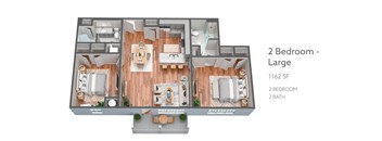 A 2 Bedroom layout with a large bathroom.