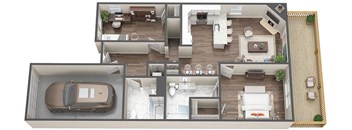 A top-down view of a house with a car parked in the driveway.