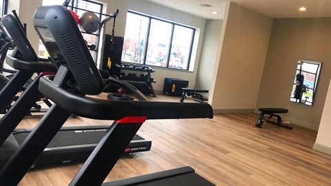 A gym with treadmills and exercise equipment.